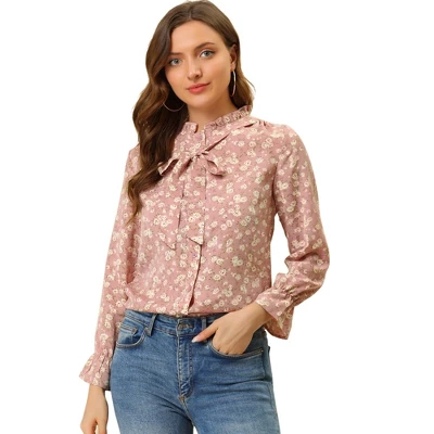 Allegra K Women's Vintage Floral Tie Neck Long Sleeve Ruffled Collar Peasant Blouse 8 Allegra K Women's Vintage Floral Tie Neck Long Sleeve Ruffled Collar Peasant Blouse - Image 6