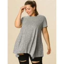 Agnes Orinda Women's Plus Size Ribbed Asymmetrical Hem Summer Casual Peasant Top