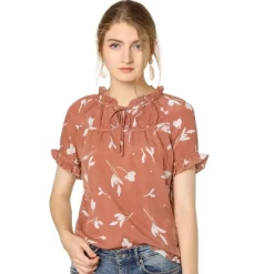 Allegra K Women's Floral Tie Neck Ruffle Short Sleeves Peasant Blouse Top -Women Sale Shop GUEST 03e01d55 55c7 4985 9628 9002173e45ff