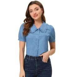 Allegra K Women's Chambray Peter Pan Collar Puff Sleeve Vintage Blouse -Women Sale Shop GUEST 058b9b8f a041 4bb9 949f 934433d35f9c