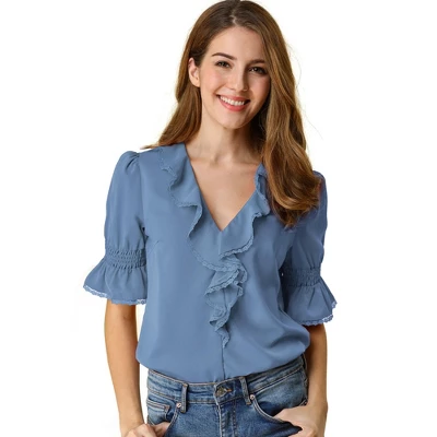 Allegra K Women's Ruffle V Neck Puff Sleeve Summer Casual Chiffon Peasant Blouse 9 Allegra K Women's Ruffle V Neck Puff Sleeve Summer Casual Chiffon Peasant Blouse - Image 7