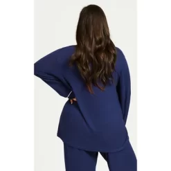 Women's Plus Size Hacci Button Plain Top - Navy | AVENUE