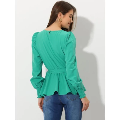 Allegra K Women's Dressy Belt Tie Waist Puff Long Sleeve Work Peplum Blouse 5 Allegra K Women's Dressy Belt Tie Waist Puff Long Sleeve Work Peplum Blouse - Image 3