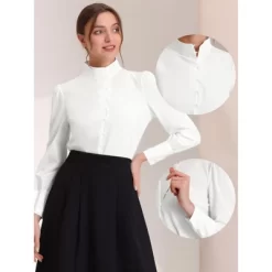 Allegra K Women's Elegant Work Blouse Mock Neck Long Sleeve Button Front Shirt