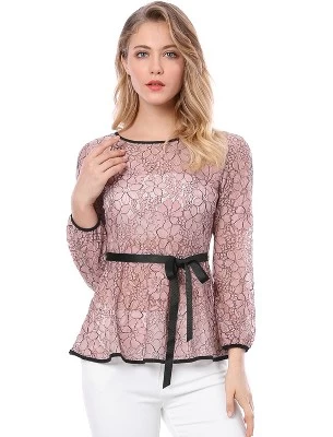 Allegra K Women's Semi-Sheer Elegant Tie Waist Long Sleeve Top Floral Lace Peplum Blouses 10 Allegra K Women's Semi-Sheer Elegant Tie Waist Long Sleeve Top Floral Lace Peplum Blouses - Image 8