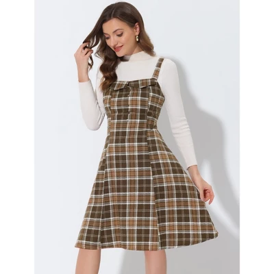 Allegra K Women's Plaid Sleeveless Tie Back A-Line Overall Pinafore Dresses 3 Allegra K Women's Plaid Sleeveless Tie Back A-Line Overall Pinafore Dresses