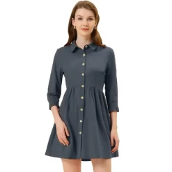 Allegra K Women's 3/4 Sleeve Button Front Flare Mini Shirt Dress -Women Sale Shop GUEST 14d5cb7e 3a95 4138 8ef8 61bd53424319