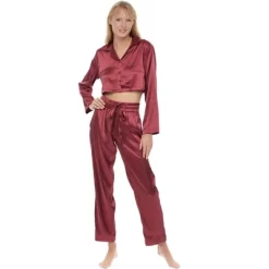 Women's Crop Top Satin Pajamas Lounge Set, Long Sleeve Top And Pants With Pockets, Silk Like PJs -Women Sale Shop GUEST 14fc89de d726 49cb 8eba a30c4a9ec090