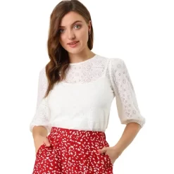 Allegra K Women's Vintage Round Neck Elbow Sleeve Semi Sheer Lace Blouse -Women Sale Shop GUEST 164857bb 2cf4 44d8 8e58 ebf75e507a49