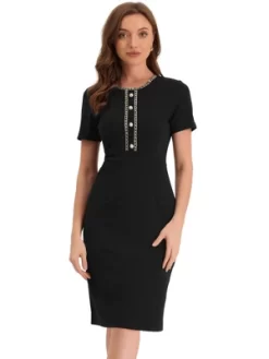 Allegra K Women's Work Business Round Neck Tweed Trim Short Sleeve Sheath Dress -Women Sale Shop GUEST 1c1d75a6 72fb 497f a1c7 40240ef7cec1