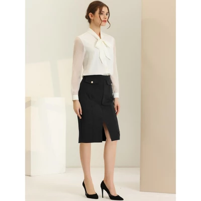 Allegra K Women's Belted Split Hem Knee Length Work Business Pencil Skirt 3 Allegra K Women's Belted Split Hem Knee Length Work Business Pencil Skirt