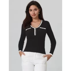 Hobemty Women's Contrast Color V Neck Long Sleeve Fitted Ribbed Tops