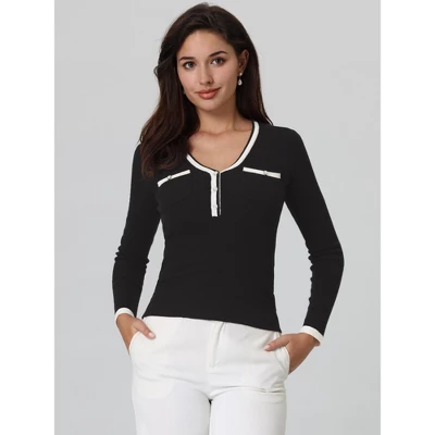 Hobemty Women's Contrast Color V Neck Long Sleeve Fitted Ribbed Tops 3 Hobemty Women's Contrast Color V Neck Long Sleeve Fitted Ribbed Tops