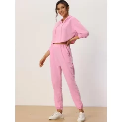 Cheibear Womens 2 Piece Outfits Sweatsuit Outfits Hooded Crop Sweatshirt And Jogger Tracksuit Set