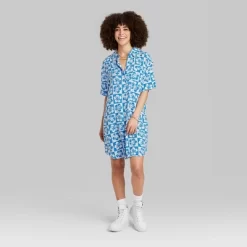 Women's Ascot + Hart Aloha Flowers Checkered Graphic Collared Dress - Blue