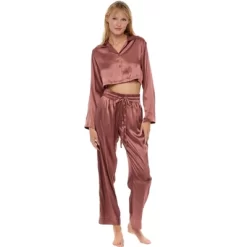 Women's Crop Top Satin Pajamas Lounge Set, Long Sleeve Top And Pants With Pockets, Silk Like PJs -Women Sale Shop GUEST 29465b82 4b96 43a7 82eb 45c6f2518116
