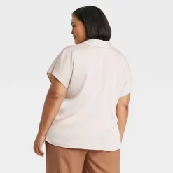 Women's Satin Short Sleeve Button-Front Shirt - Ava & Viv™