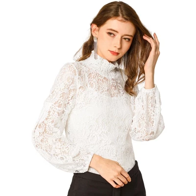 Allegra K Women's See Through Mock Neck Long Sleeve Floral Lace Blouse 9 Allegra K Women's See Through Mock Neck Long Sleeve Floral Lace Blouse - Image 7