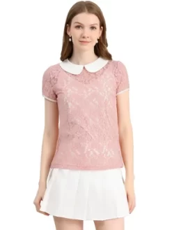 Allegra K Women's Contrast Peter Pan Collar Blouse Short Sleeve Sheer Lace Top -Women Sale Shop GUEST 2fc188a8 2fac 4e87 8d35 727703cbb1bb