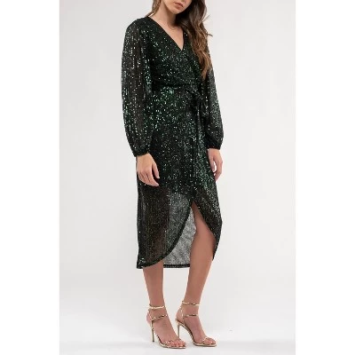August Sky Women's Sequin Faux Wrap Midi Dress 4 August Sky Women's Sequin Faux Wrap Midi Dress - Image 2
