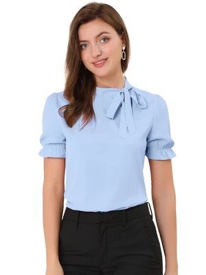 Allegra K Women's Bow Tie Neck Elegant Office Short Sleeve Blouse 21 Allegra K Women's Bow Tie Neck Elegant Office Short Sleeve Blouse - Image 19