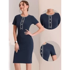 Allegra K Women's Work Business Round Neck Tweed Trim Short Sleeve Sheath Dress
