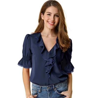 Allegra K Women's Ruffle V Neck Puff Sleeve Summer Casual Chiffon Peasant Blouse 11 Allegra K Women's Ruffle V Neck Puff Sleeve Summer Casual Chiffon Peasant Blouse - Image 9