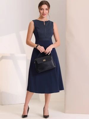 Allegra K Women's Striped Crew Neck Sleeveless A-Line Midi Work Office Dress 4 Allegra K Women's Striped Crew Neck Sleeveless A-Line Midi Work Office Dress - Image 2