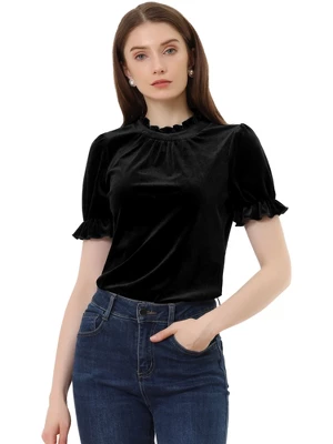 Allegra K Ruffle Collar Shirt For Women's Short Sleeve Velvet Tops Blouse 8 Allegra K Ruffle Collar Shirt For Women's Short Sleeve Velvet Tops Blouse - Image 6