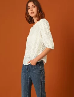 Allegra K Women's Vintage Round Neck Elbow Sleeve Semi Sheer Lace Blouse -Women Sale Shop GUEST 367efd4b 46a7 4bb9 ade3 320da8c96f94