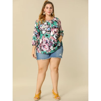 Agnes Orinda Women's Plus Size 3/4 Sleeves Self Tie Neck Floral Blouse 4 Agnes Orinda Women's Plus Size 3/4 Sleeves Self Tie Neck Floral Blouse - Image 2