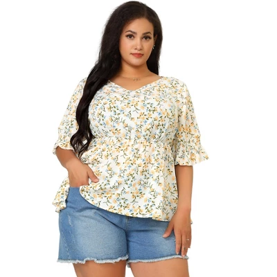 Agnes Orinda Women's Plus Size Floral Ruffle Smock Sleeve V Neck Peplum Blouses 5 Agnes Orinda Women's Plus Size Floral Ruffle Smock Sleeve V Neck Peplum Blouses - Image 3