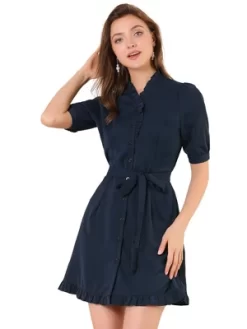Allegra K Women's Button Down Ruffle Neck Tie Waist Belted Shirt Dress -Women Sale Shop GUEST 379fef9e 07e0 4499 bd73 8732382aea27