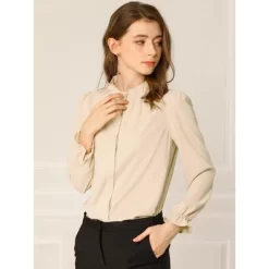 Allegra K Women's Button-Down Work Office Chiffon Ruffled Stand Collar Blouse