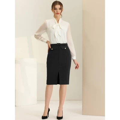Allegra K Women's Belted Split Hem Knee Length Work Business Pencil Skirt 4 Allegra K Women's Belted Split Hem Knee Length Work Business Pencil Skirt - Image 2