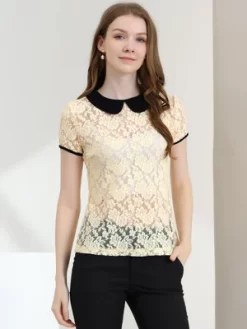 Allegra K Women's Contrast Peter Pan Collar Blouse Short Sleeve Sheer Lace Top