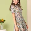 Allegra K Women's Summer Chiffon Dress Ruffle Tie Neck Puff Short Sleeve Floral Dress