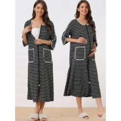 Cheibear Women's Zip Front Robe 3/4 Sleeve Striped Long Bathrobe Dress Pajama