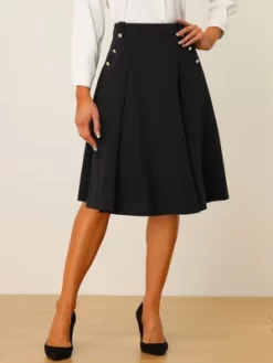 Allegra K Women's High Waist Button Decor Vintage Pleated Flared Midi Skirt