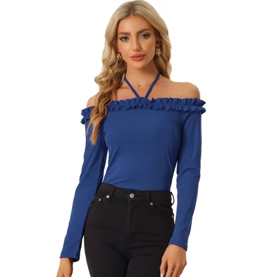 Allegra K Women's Tie Halter Off-Shoulder Ruffle Lettuce Trim Slim Fit Long Sleeve Shirt 4 Allegra K Women's Tie Halter Off-Shoulder Ruffle Lettuce Trim Slim Fit Long Sleeve Shirt - Image 2
