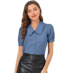 Allegra K Women's Chambray Peter Pan Collar Puff Sleeve Vintage Blouse -Women Sale Shop GUEST 427c49da 2963 4eb4 b70b 89b8847f89cc