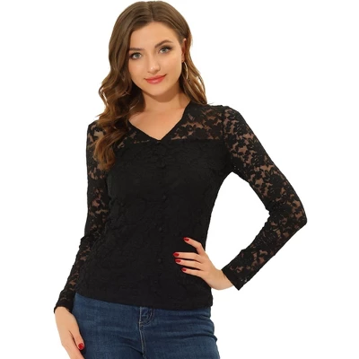 Allegra K Women's Lace Top V Neck Floral Embroidery Long Sleeve Sheer Blouse 3 Allegra K Women's Lace Top V Neck Floral Embroidery Long Sleeve Sheer Blouse