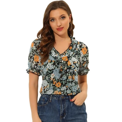 Allegra K Women's Ruffle V Neck Puff Short Sleeve Floral Blouse 9 Allegra K Women's Ruffle V Neck Puff Short Sleeve Floral Blouse - Image 7