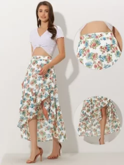 Allegra K Women's Floral Ruffle Skirt Wrap Tiered Asymmetrical Chiffon Skirts