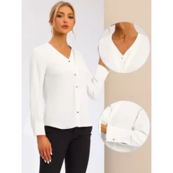 Allegra K Women's V Neck Classic Office Long Sleeves Button Down Shirts
