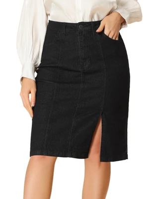 Allegra K Women's Casual Denim Skirt Slit High Waisted Knee Length Jean Skirts 8 Allegra K Women's Casual Denim Skirt Slit High Waisted Knee Length Jean Skirts - Image 6