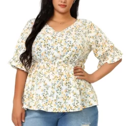 Agnes Orinda Women's Plus Size Floral Ruffle Smock Sleeve V Neck Peplum Blouses