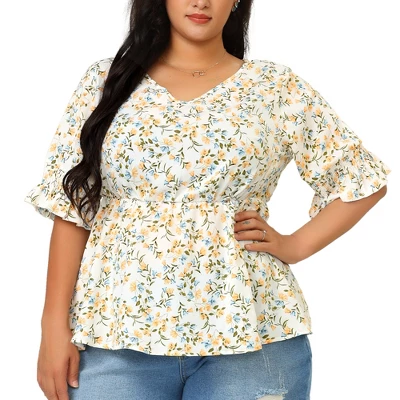 Agnes Orinda Women's Plus Size Floral Ruffle Smock Sleeve V Neck Peplum Blouses 3 Agnes Orinda Women's Plus Size Floral Ruffle Smock Sleeve V Neck Peplum Blouses