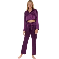 Women's Crop Top Satin Pajamas Lounge Set, Long Sleeve Top And Pants With Pockets, Silk Like PJs -Women Sale Shop GUEST 48eef33a 3b46 40c1 8e95 cd2d82c3a2d7