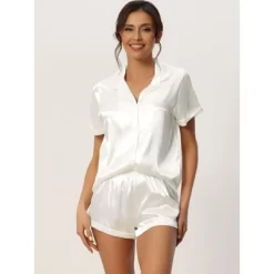 Cheibear Women's Satin Button Short Sleeve Shirt And Shorts 2 Pcs Pajama Set